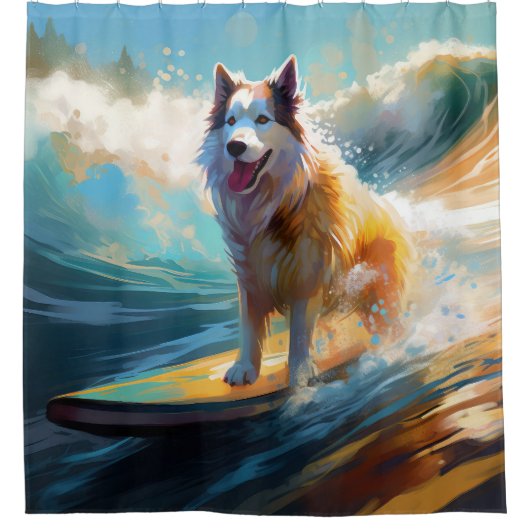 Alaskan Malamute Strand Surfen Schilderij Douchegordijn (Voorkant)