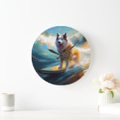 Alaskan Malamute Strand Surfen Schilderij Grote Klok (Huis)