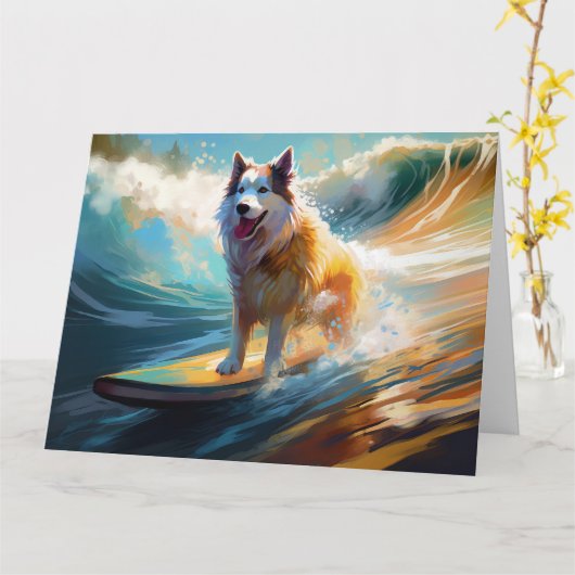Alaskan Malamute Strand Surfen Schilderij Kaart (Gele Bloem)