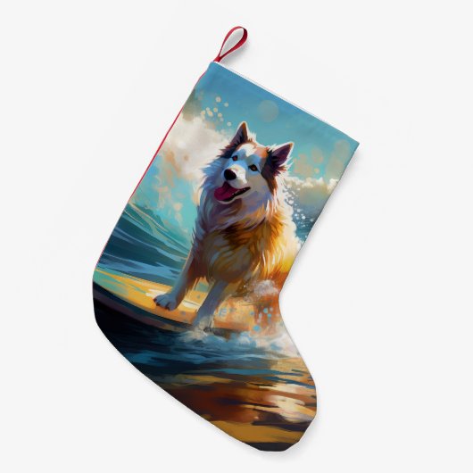Alaskan Malamute Strand Surfen Schilderij Kleine Kerstsok (Voorkant (Hangend))
