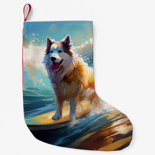 Alaskan Malamute Strand Surfen Schilderij Kleine Kerstsok (Voorkant)