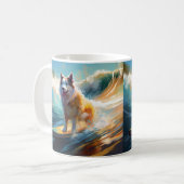 Alaskan Malamute Strand Surfen Schilderij Koffiemok (Voorkant links)