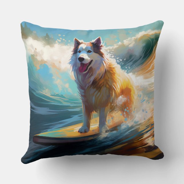 Alaskan Malamute Strand Surfen Schilderij Kussen (Achterkant)