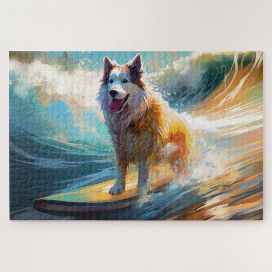 Alaskan Malamute Strand Surfen Schilderij Legpuzzel (Horizontaal)