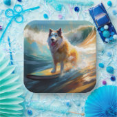Alaskan Malamute Strand Surfen Schilderij Papieren Bordje (Feest)
