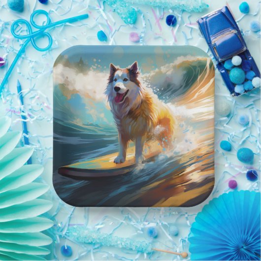 Alaskan Malamute Strand Surfen Schilderij Papieren Bordje (Feest)