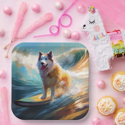 Alaskan Malamute Strand Surfen Schilderij Papieren Bordje (Feest)