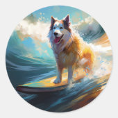 Alaskan Malamute Strand Surfen Schilderij Ronde Sticker (Voorkant)
