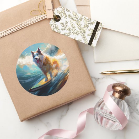 Alaskan Malamute Strand Surfen Schilderij Ronde Sticker (Geschenken)