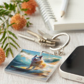 Alaskan Malamute Strand Surfen Schilderij Sleutelhanger (Voorkant Rechts)