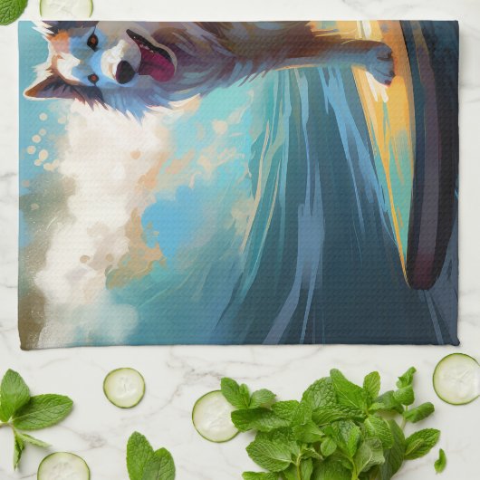 Alaskan Malamute Strand Surfen Schilderij Theedoek (Gevouwen)