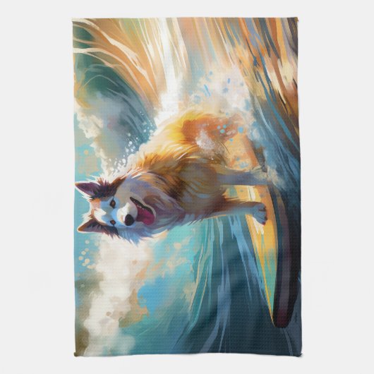 Alaskan Malamute Strand Surfen Schilderij Theedoek (Verticaal)