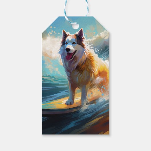 Alaskan Malamute Strand Surfing Schilderij Cadeaulabel (Voorkant)