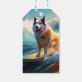 Alaskan Malamute Strand Surfing Schilderij Cadeaulabel (Achterkant)