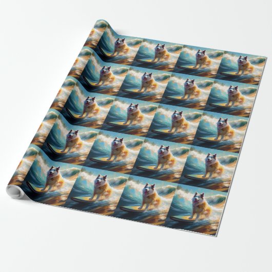Alaskan Malamute Strand Surfing Schilderij Cadeaupapier (Uitgerold)