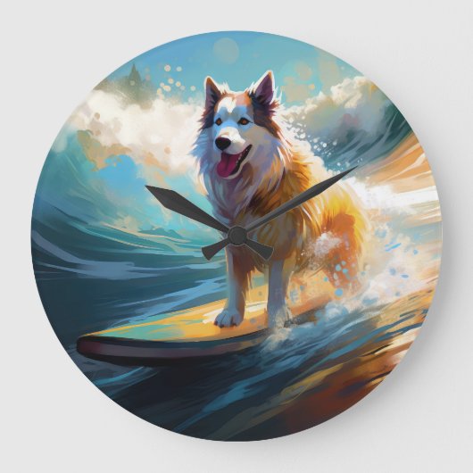 Alaskan Malamute Strand Surfing Schilderij Grote Klok (Voorkant)