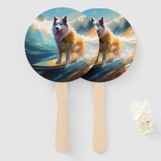 Alaskan Malamute Strand Surfing Schilderij Handwaaier (Voorkant en achterkant)