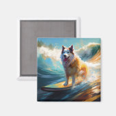 Alaskan Malamute Strand Surfing Schilderij Magneet (Voorkant / Achterkant)