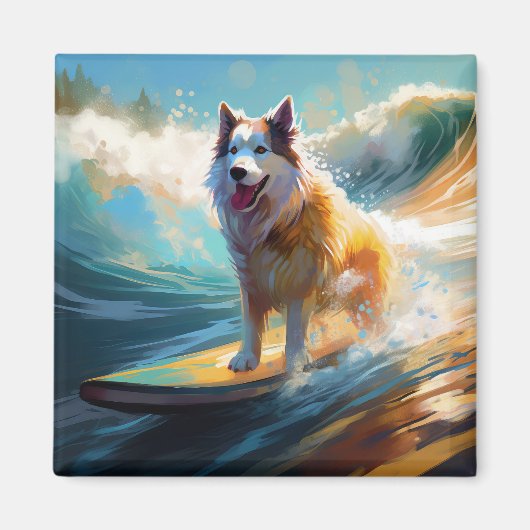 Alaskan Malamute Strand Surfing Schilderij Magneet (Voorkant)