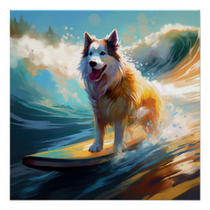 Alaskan Malamute Strand Surfing Schilderij Perfect Poster