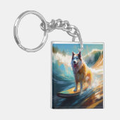 Alaskan Malamute Strand Surfing Schilderij Sleutelhanger (Voorkant Links)