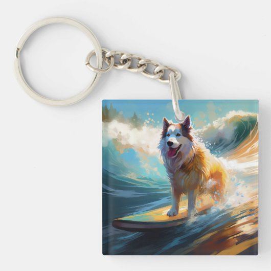 Alaskan Malamute Strand Surfing Schilderij Sleutelhanger (Voorkant)
