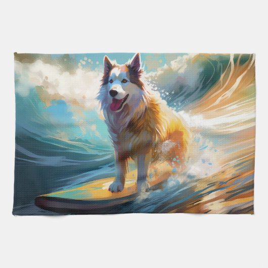 Alaskan Malamute Strand Surfing Schilderij Theedoek (Horizontaal)