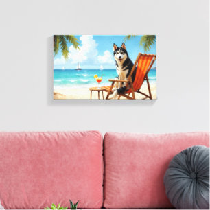 Alaskan Malamute-strandtafereel Canvas Afdruk