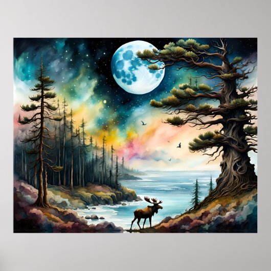 Alaskan Moose aan de rand van het bos Poster (Voorkant)