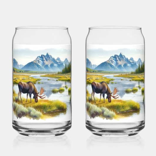 Alaskan Moose Digitale Waterverf Drinkware Set Blikvorm Glas (Achterkant)