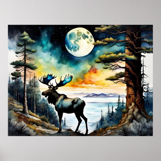 Alaskan Moose onder het maanlicht Poster (Voorkant)