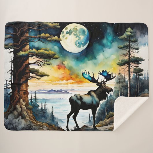 Alaskan Moose onder het maanlicht Sherpa Deken (Voorkant (horizontaal))