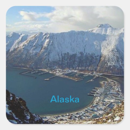 Alaskan Mountain Range en City onder Vierkante Sticker (Voorkant)
