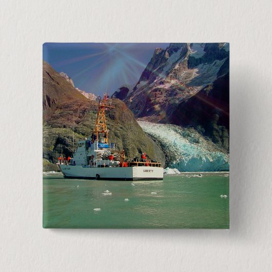 Alaskan Mountain-Uitzicht met Boat Vierkante Button 5,1 Cm (Voorkant)
