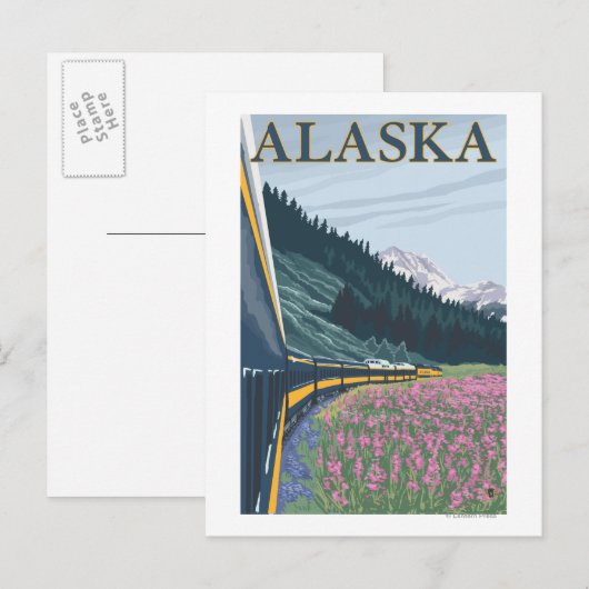 AlaskaRailroad en Fireweed Vintage Travel Briefkaart (Voorkant / Achterkant)