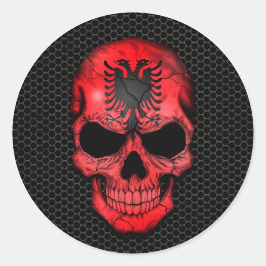 Albanese Vlag Schedel op Staal Mesh Graphic Ronde Sticker (Voorkant)