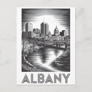 Albany New York Silhouette Zwart Wit Houtsnede Feestdagenkaart