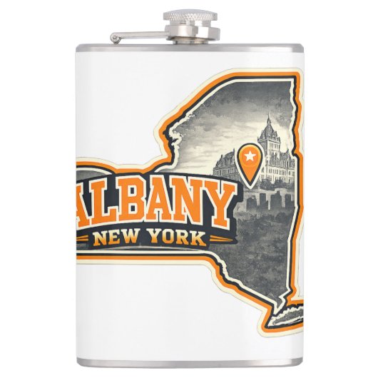 Albany New York State Overzichtskaart Label Ontwer Heupfles (Voorkant)