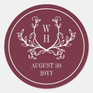 Albast & Burgundy Groene Monogram Huwelijk Ronde Sticker