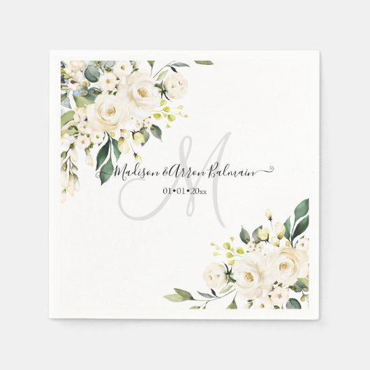 Albasten Rozen Monogram Bloemenaquarel Servet (Voorkant)