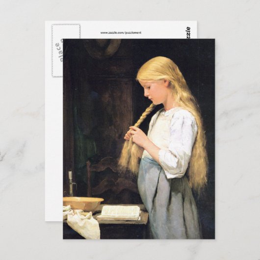 Albert Anker, Mädchen die Haare flechtend Briefkaart (Voorkant / Achterkant)