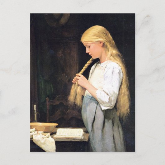 Albert Anker, Mädchen die Haare flechtend Briefkaart (Voorkant)