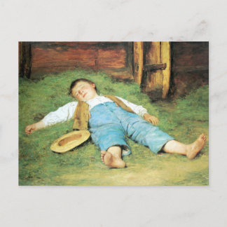 Albert Anker, Schlafender Knabe im Heu Briefkaart