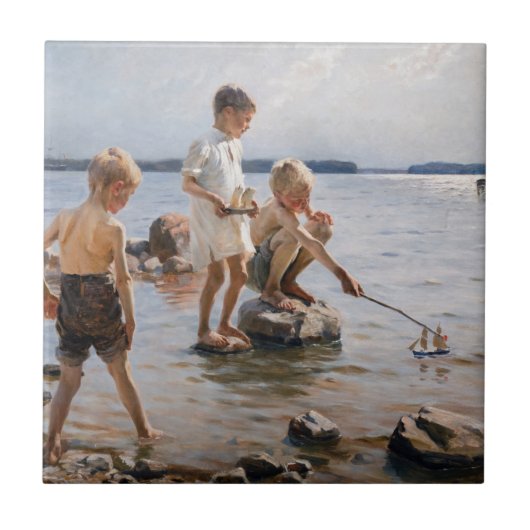 Albert Edelfelt - Boys spelen op de kust Tegeltje (Voorkant)