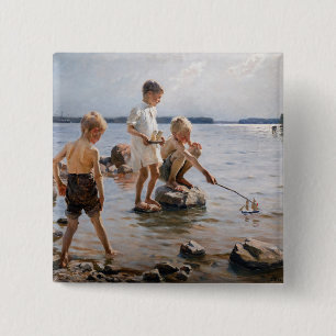 Albert Edelfelt - Boys spelen op de kust Vierkante Button 5,1 Cm