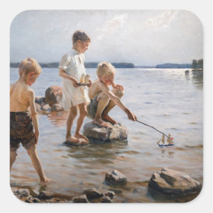 Albert Edelfelt - Boys spelen op de kust Vierkante Sticker