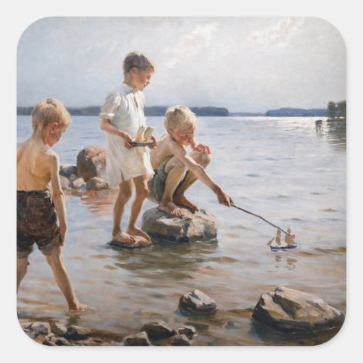 Albert Edelfelt - Boys spelen op de kust Vierkante Sticker (Voorkant)