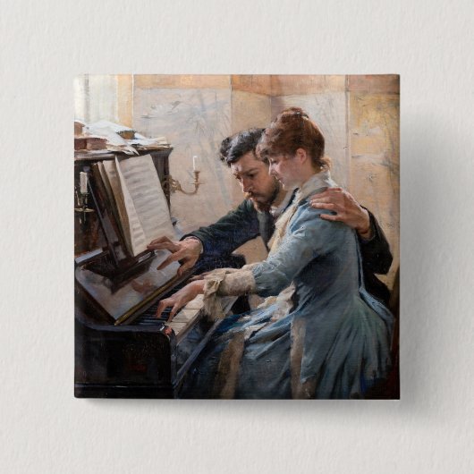 Albert Edelfelt - Het spelen van de Piano Vierkante Button 5,1 Cm (Voorkant)