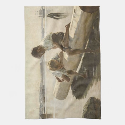 Albert Edelfelt - Twee jongens op een log Theedoek (Verticaal)