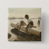 Albert Edelfelt - Twee jongens op een log Vierkante Button 5,1 Cm (Voorkant)